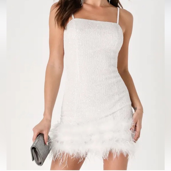 Lulu's White Mini Dress with Feather Trim - Picture 1 of 9